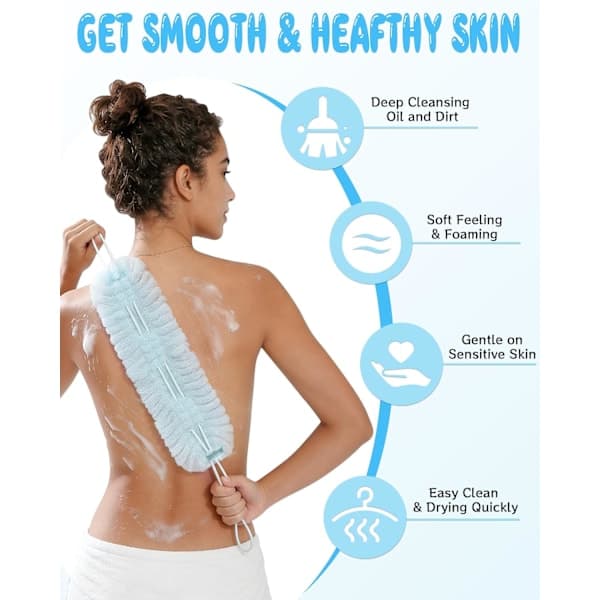 Exfoliating Body Scrubber, Drawstring Beach Ball 2-in-1, Back Scrubber for Shower Bath, Drawstring Back Strap Bath Loofah for Men and Women [Ho]