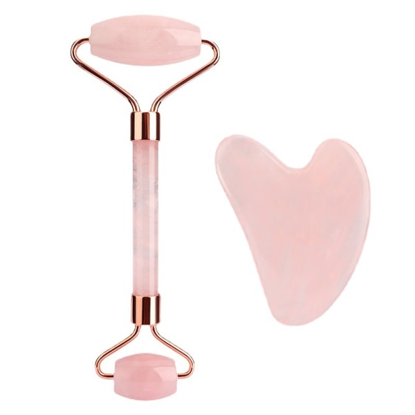 Rose Quartz Facial Roller Massasjeapparat, - Roller og Guasha i Rose Quartz Crystal Manuelt massasjesett for ansikt, øyekontur og nakke