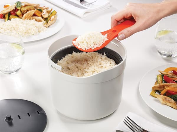 Microwave Rice Cooker and Steamer, Dishwasher Safe - Stone/Orange, 2 Litre
