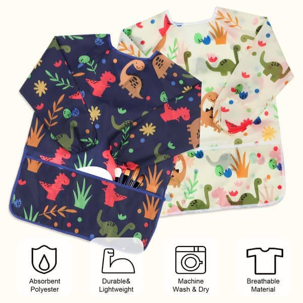 Konstförkläde för barn - 2-pack vattentät dinosaurie långärmad med fickor för 3-8 år - Blå+Vit Blue+White Blue+White