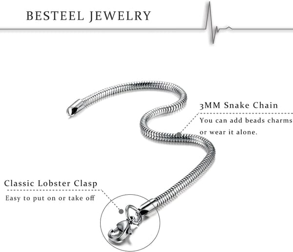 3MM Armbånd i rustfrit stål Slangekæde til kvinder Mænd Armbånd til charms og perler
