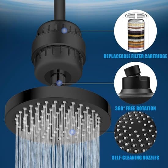 High-Pressure Rain Shower Head with Hard Water Filter, Universal Round Black [Ho]