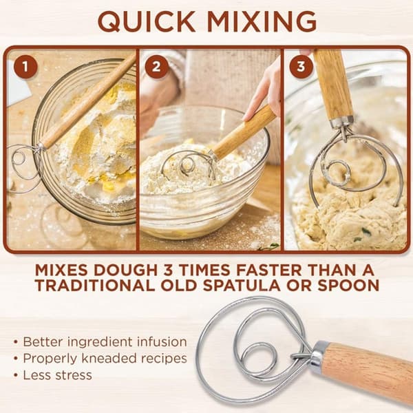 3 Pieces 13” Danish Dough Whisks, Bread Mixer, Stainless Steel Dutch Whisk with Dough Scraper (Scraper Color Random)