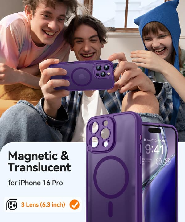 Magnetic Case for iPhone 16 Pro with Camera Protection Compatible with MagSafe Transparent Matte Back Shockproof Phone Case (Dark Purple)