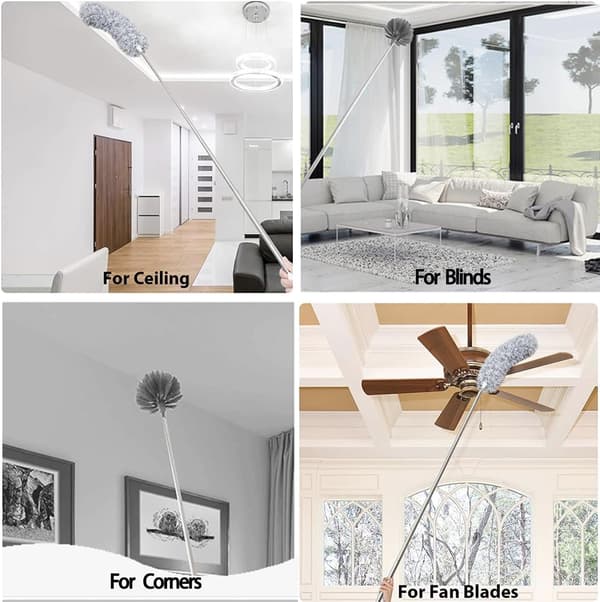 Cobweb Duster with Extendable Pole 15-100 inch Microfiber Cleaning Kit 2 Heads for Ceiling Fans Blinds Grey grey