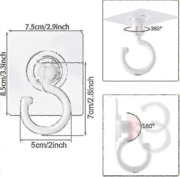 8 Pieces Transparent Self-Adhesive Hooks 360 Degree Rotating Hook Strong Self-Adhesive Hook Ceiling Wall Hook No Drilling Needed (White)