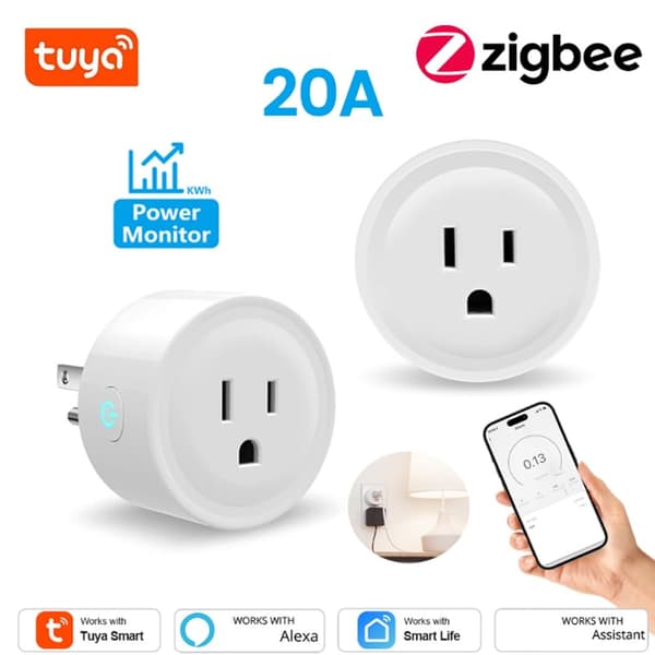 TUYA 20A Smart Stik Zigbee Stikkontakt med Strømovervågning Timerfunktion Stemmestyring Fungerer US-stik