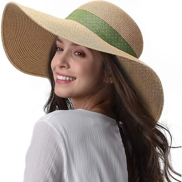 Stråhat til kvinder, bred skygge, Upf 50 sommerhat, foldbar, rullebar, floppy strandhat, grøn