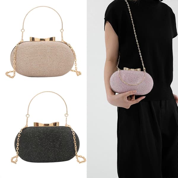 Glittering Oval Shaped PU Leather Handbag, Evening Bag with Shoulder Strap and Handle for Weddings and Formal Parties Silver Silver