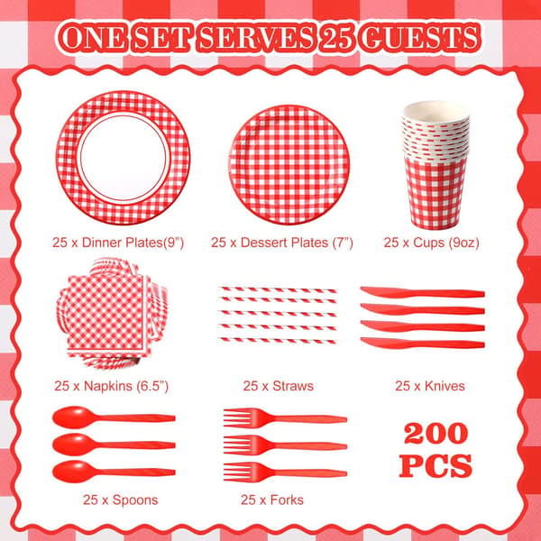 200 stk. rød gingham fest til bryllup rød/hvid Red/White