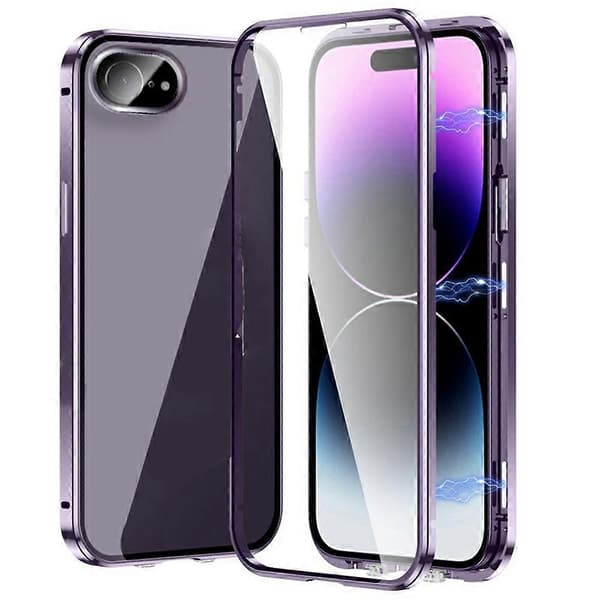 Magnetic Double-Sided Tempered Glass + Metal Case for iPhone 16e, with Buckle, Blue. Blue Blue