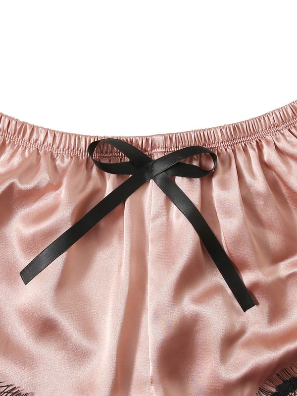 Dam satin pyjamas set 4 delar blommig spets trimmad camisole underkläder pyjamas med morgonrock L