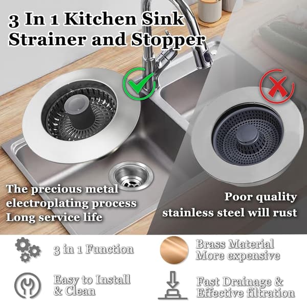 3-in-1 Sink Stopper, Pop Up Sink Drain Strainer, with an Extra Basket Strainer, Sink Drain Plug for US Standard 3-1/2
