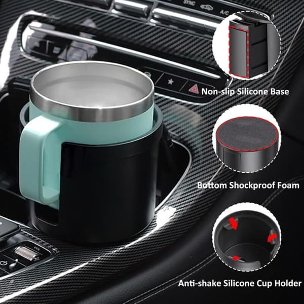 Expandable Car Cup Holder Adapter with Adjustable Base and Coaster for Most Car Cup Holders