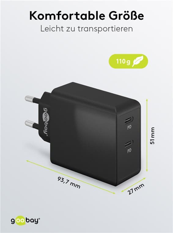 USB-C™ PD dobbelt hurtigoplader (36 W) sort Svart