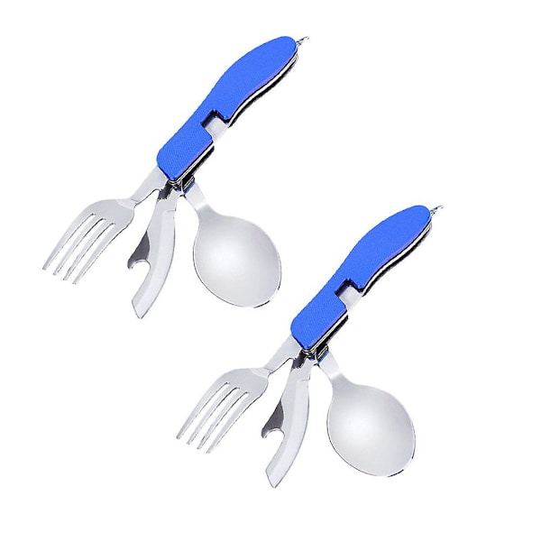2 stk. Camping Bestik i Rustfrit Stål, Foldbar Ske & Gaffel Sæt, Multifunktionelt Bestik til Camping, Picnic, Rejser (blå)Blå2STK Blue 2PCS