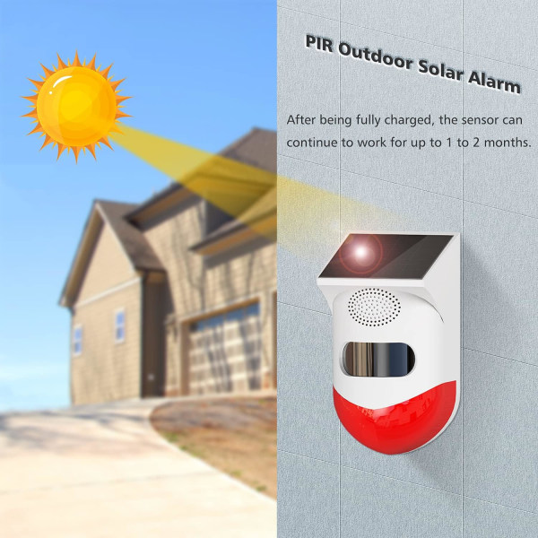 Solcelledrevet lyd- og stroboskopalarm med bevegelsesdetektor og fjernkontroll, lydsikkerhet Sirene Lys Vanntett for Home Farm Barn Villa
