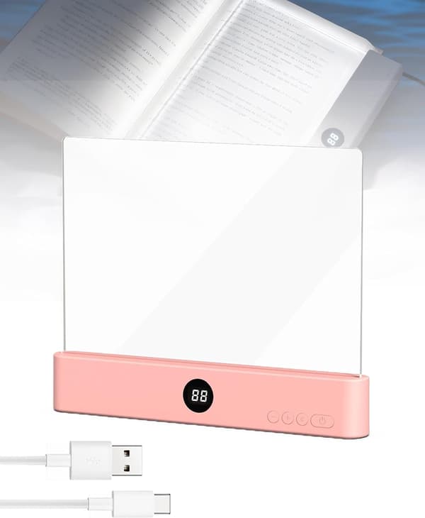 Rechargeable Transparent LED Flat Reading Light, Dimmable Full Page Panel Light with Book Clip, Three Color Modes and Timer. Rose Pink Pink