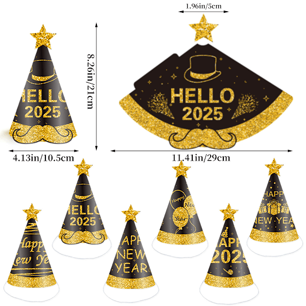12 stk. Godt Nyttår Partyhatter, 2025 Nyttårsaften Party Dekorasjon Kjeglehatter for barn og voksne (29*20cm)