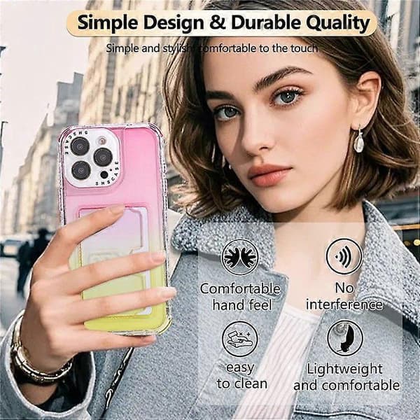 Gradientfarget PC + TPU Anti-fall telefondeksel til iPhone 16 Pro Max, kortholder med linsebeskytter (rosa gul)