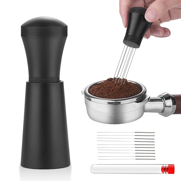 Black Espresso Distribution Tool with 7x0.35mm Stainless Steel Needles & 10 Extra Replacements for effortless attachment