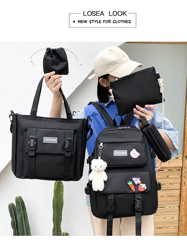 Five-piece School Bag Large Capacity Shoulder Bag Includes Bear Pendant-389 Black