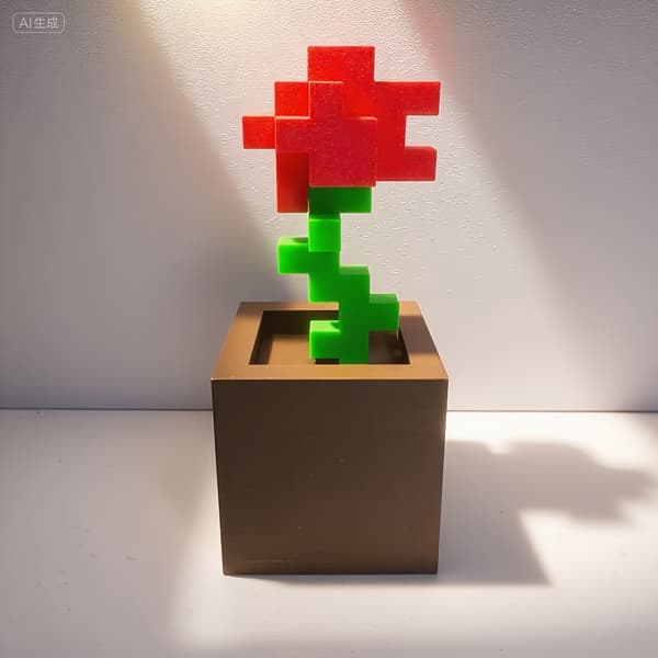 Pixel Rose Flower 3D Printed Decorative Ornament Desk Valentine's Day Gift Red Red