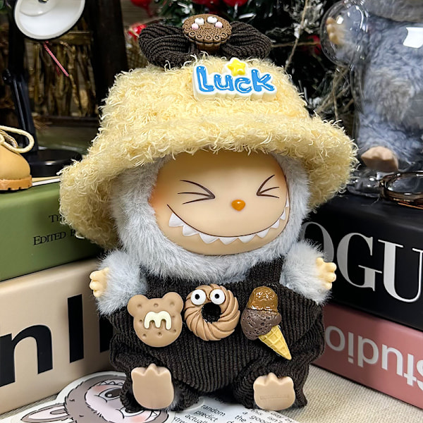 Labubu dockkläder första generationen andra generationen blindbox Labubu dockkläder (lyckhatt + huvudbonad + overall) Brun munk