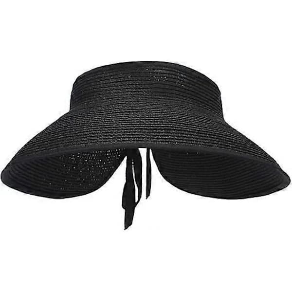 Store Strand Solhatte i Halm til Kvinder, Foldbar Hat med Bred Skygge til Damer, Visir Kasket Spandhat med Roset Sort