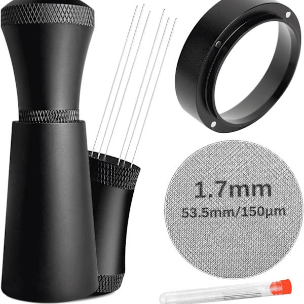 Sort espressostirrer, espressofordelingsværktøj 7 x 0,35 mm nåle og ekstra 10 nåle til espressofordeler