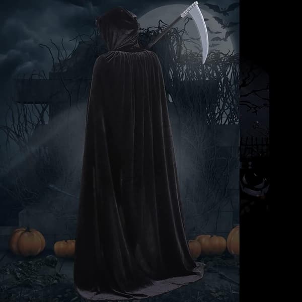 Luksuriøs Sort Kappe med Hætte - 170cm / XXL - Karneval Halloween Kostume - Sort Fløjlskappe - Hat