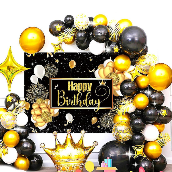1 sæt sort og guld fødselsdagsfest dekorationer ballonbue kranssæt Tillykke med fødselsdagen Baggrund Ban