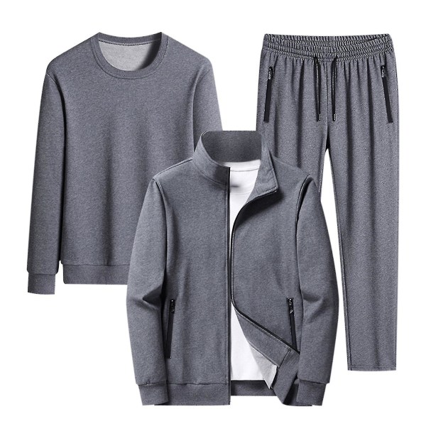 Helt farget stand-up krage cardigan rund hals genser bukser tredelt menns sportsdressXXXXXXLGrå Gray XXXXXXL