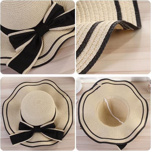 Damhatt med bred brätte i halm, sommarstrand solskyddshatt Floppy med rosett Beige Medium Beige Medium