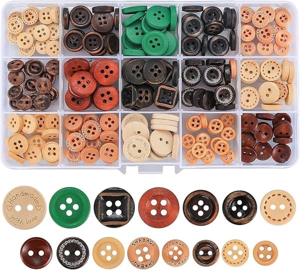Assorted 225 Wooden Buttons Handmade DIY Shirt Buttons 13mm 15mm Multi-size