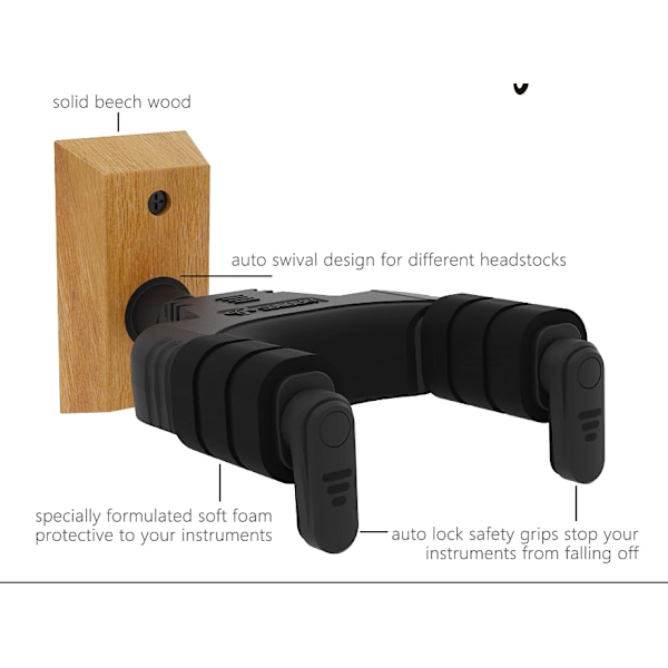2-pack. Gitarrväggfäste med krok för elgitarr, akustisk gitarr, bas, ukulele