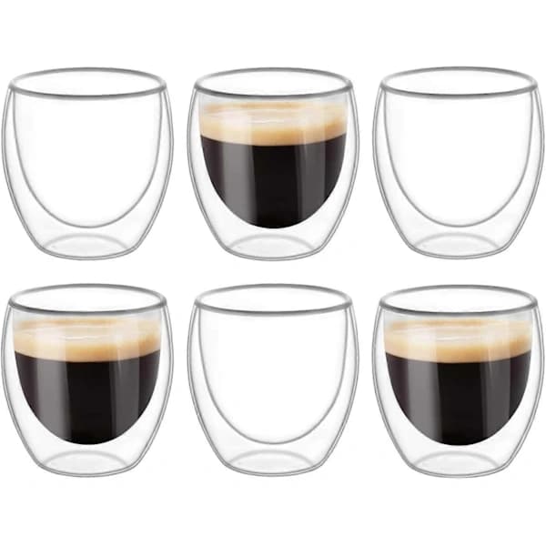 6-pak dobbeltvæggede kaffekopper i glas, borosilikat, isolerede krus til espresso, cappuccino, latte, te, klar, 80 ml
