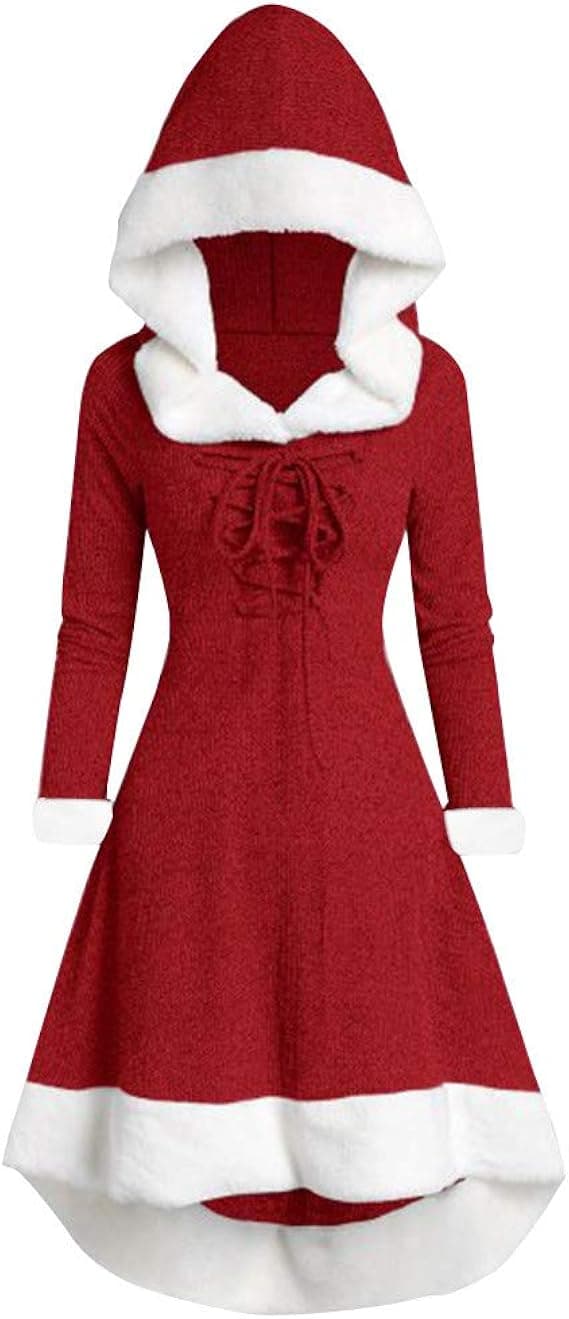 Vintage kjole til kvinder, vinter, jul, langærmet, patchwork, med hætte, festkjole, størrelse L