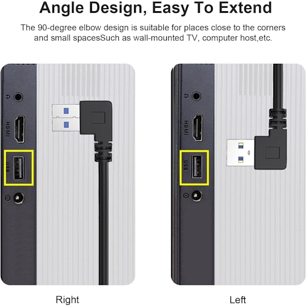 USB 3.0 Han til Hun Forlænger Data Kabel Venstre Vinkel 2 stk (20 cm, 8 tommer) Mus og tastatur forbindelseskabel data