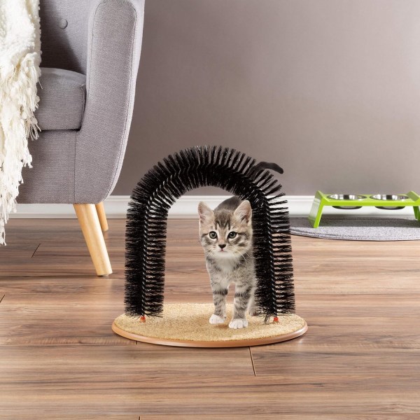 Cat Self-Groomer - Borstringborste Cat Arch med heltäckningsmatta bas, ryggskrapa och massageapparat för att kontrollera fällning och klor