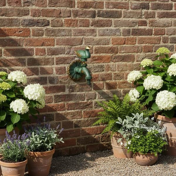 Antique Style Garden Tap - 1 Unit - Patinated Brass - Duck-shaped Handle and Wall Socket - P