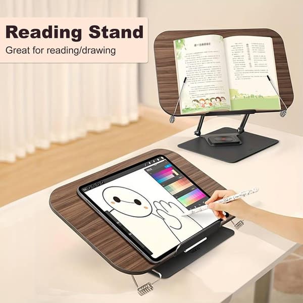 Book Stand for Reading, with 360° Rotatable Base, Foldable Stand, Height Adjustable for Sheet Music, Heavier Books, Laptop