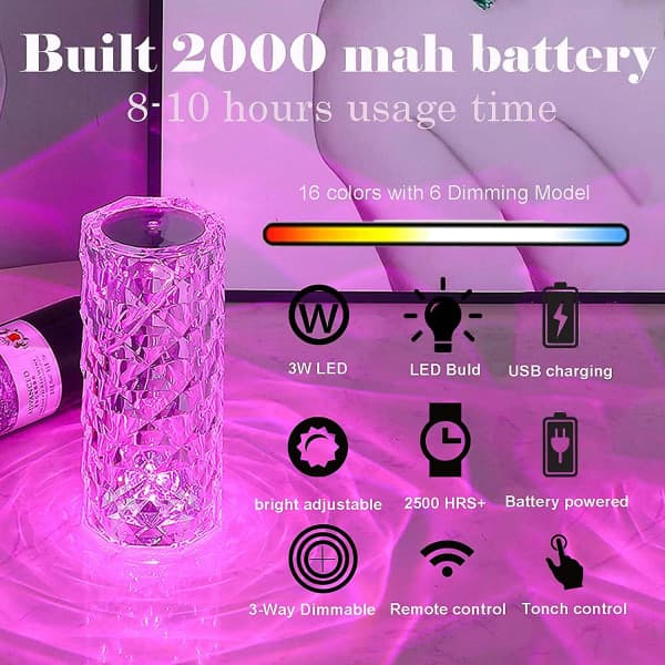 Touch Table Lamp Crystal LED Night Light, 16 Colors Rechargeable Rose Diamond Table Lamp with Touch Control, USB Table Lamps