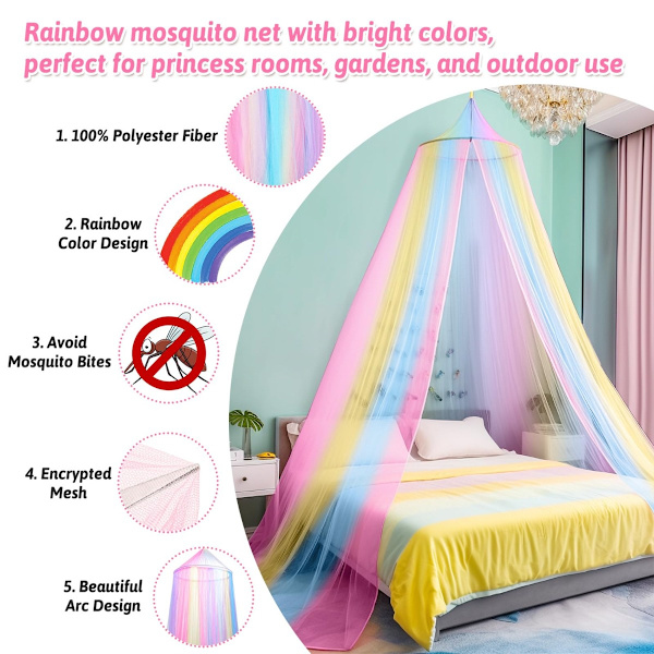 Rainbow Polyester Mosquito Net Bed Canopy - Foldable Dome Pop-Up with Easy Opening, No Installation, and Blackout Effect in Rainbow Design