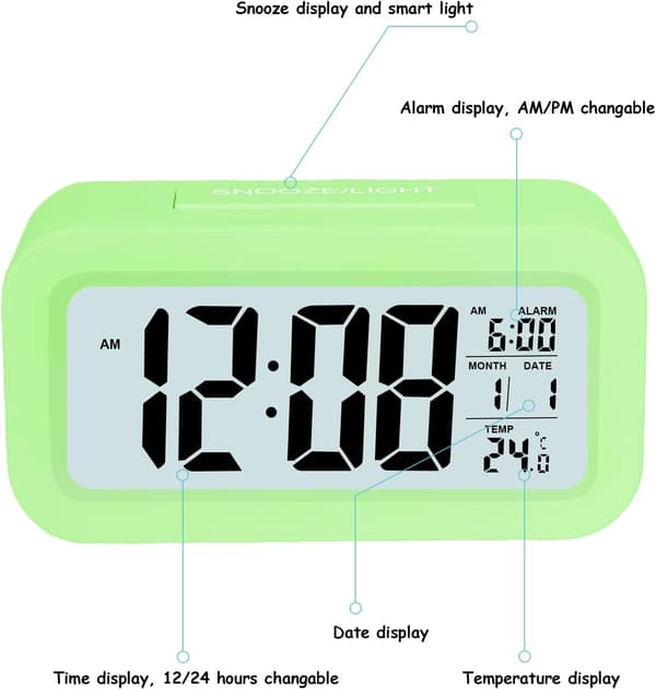 (Grön) LCD Digital Väckarklocka, Smart Digital Väckarklocka med T