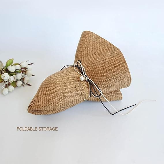 Solhatt för damer, 2-pack sommarstråhatt med bred brätte (Khaki, Rosa)