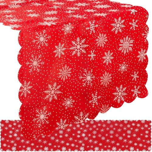 Julebordløber 185x35 cm rød med hvide snefnug polyester
