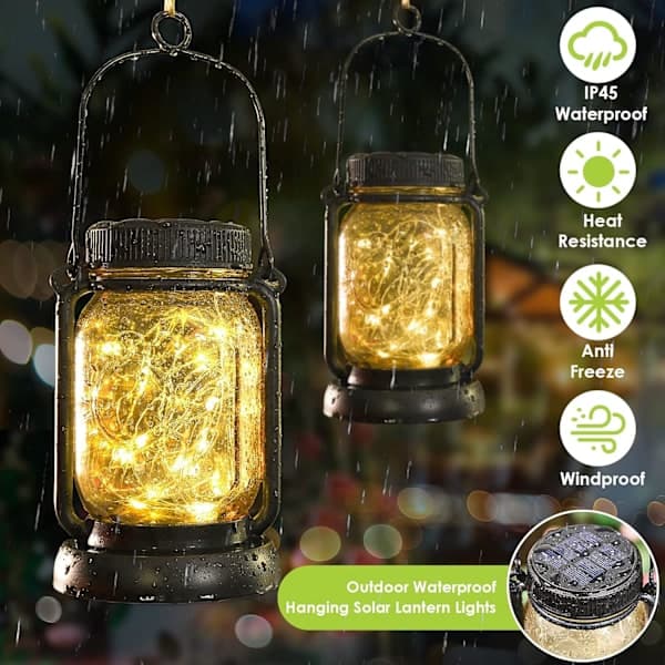 Solar Hanging Lantern with Ground Spike, Waterproof Outdoor Solar Mason Jar with Fairy String Lights [DB]
