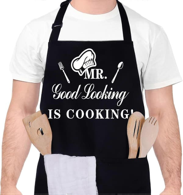 Funny Aprons for Men, MR Good Looking is Cooking, Professional Kitchen Apron Chef Bib Aprons with Double Pockets Adjustable