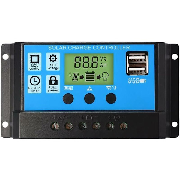 Solar Panel Charge Controller, 12V/24V, 30A, LCD Display, Dual USB Port